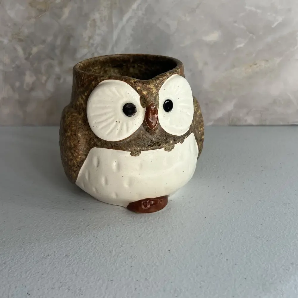 Studio Art Pottery Mug Owl Brown Speckled Hand Painted Matte Unmarked